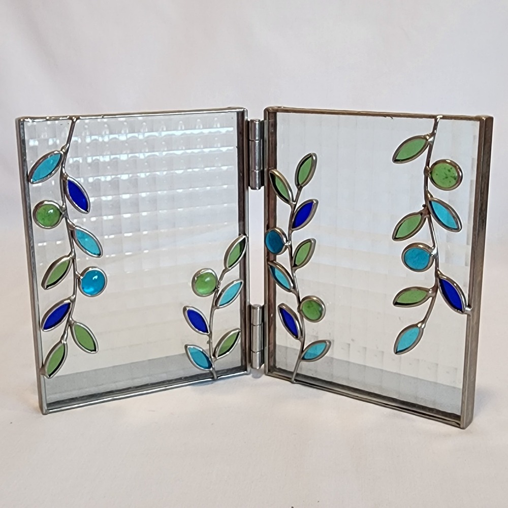 Stained Glass Double Picture Frame Blue Green Botanical Vine Leaf Hinged 5x7